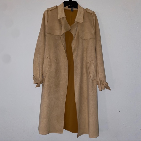 Forever 21 Tan Beige Faux Suede Duster Trench Coat Jacket Size Medium Business - Picture 4 of 7